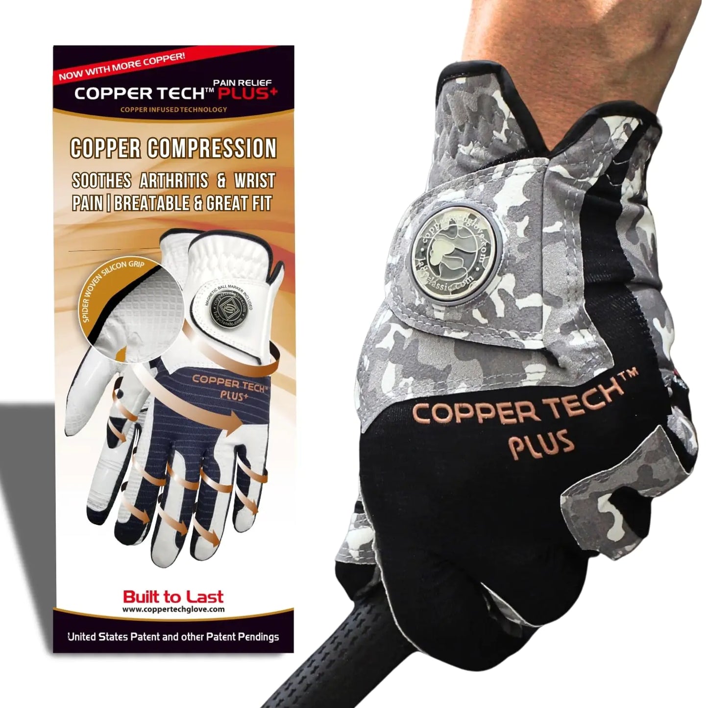 Copper Tech Mens Golf Gloves Left Hand - Camouflage Golf Glove with Ball Marker - Perfect for Summer Golfing - 100% AAA Synthetic Tacky Leather Only (Hand Orientation: Left X-Large)