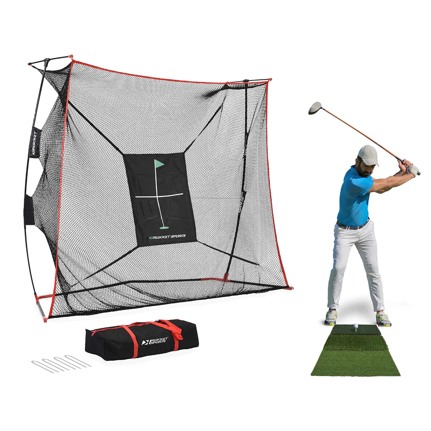 Rukket 9x7x3ft Haack Golf Net Pro Practice Driving Indoor and Outdoor Professional Golfing at Home Swing Training Aids by SEC Coach Chris Haack (Haack Golf Net Pro + Tri Turf Mat)
