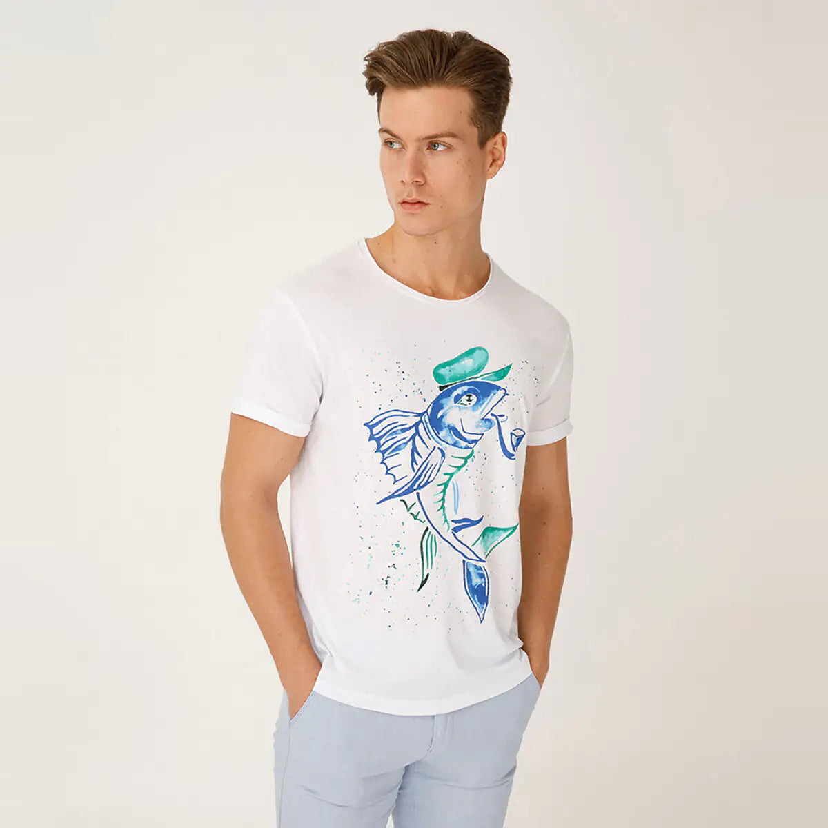 Anemoss Captain Fish Crew Neck Mens T Shirt