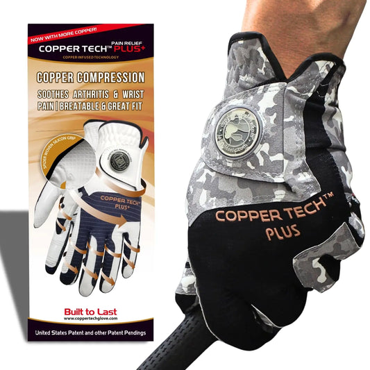 Copper Tech Mens Golf Gloves Left Hand - Camouflage Golf Glove with Ball Marker - Perfect for Summer Golfing - 100% AAA Synthetic Tacky Leather Only (Hand Orientation: Left X-Large)