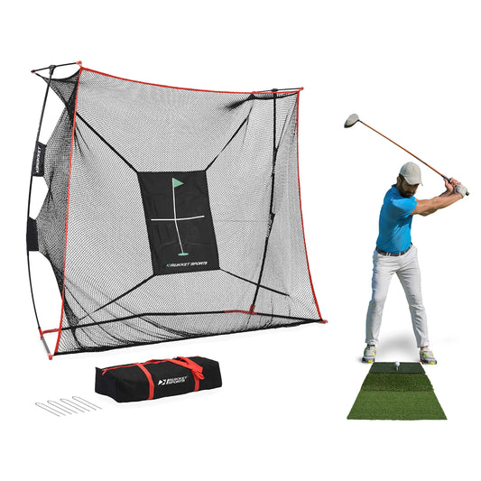 Rukket 9x7x3ft Haack Golf Net Pro Practice Driving Indoor and Outdoor Professional Golfing at Home Swing Training Aids by SEC Coach Chris Haack (Haack Golf Net Pro + Tri Turf Mat)
