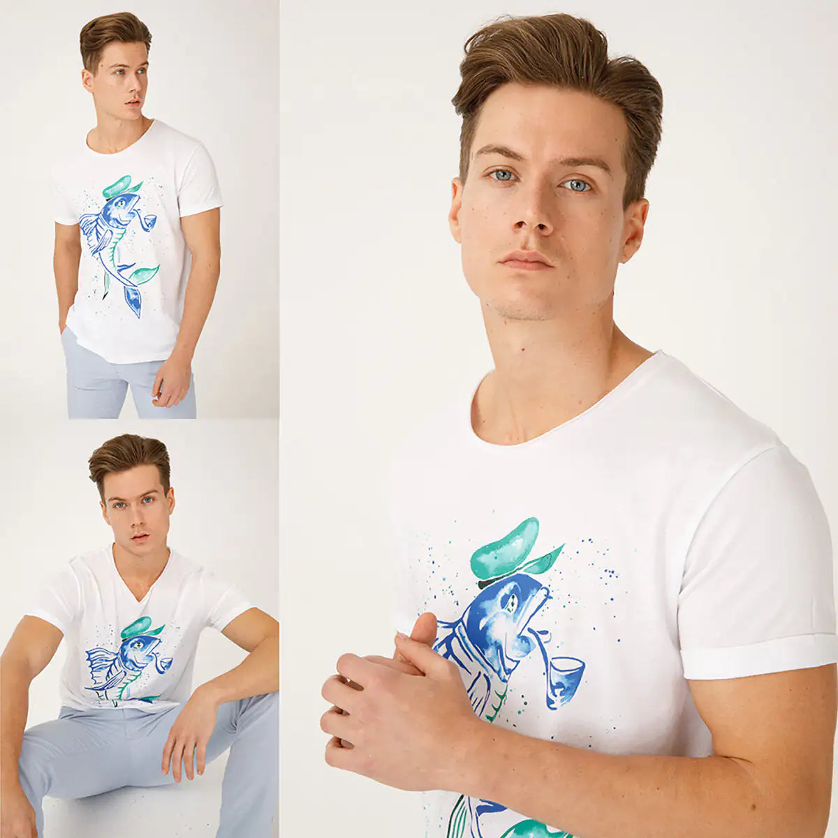 Anemoss Captain Fish Crew Neck Mens T Shirt