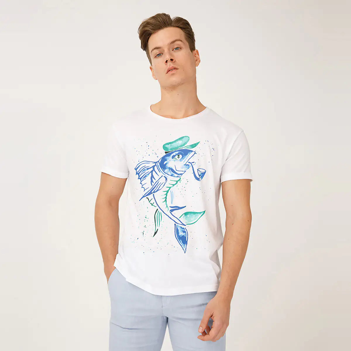 Anemoss Captain Fish Crew Neck Mens T Shirt